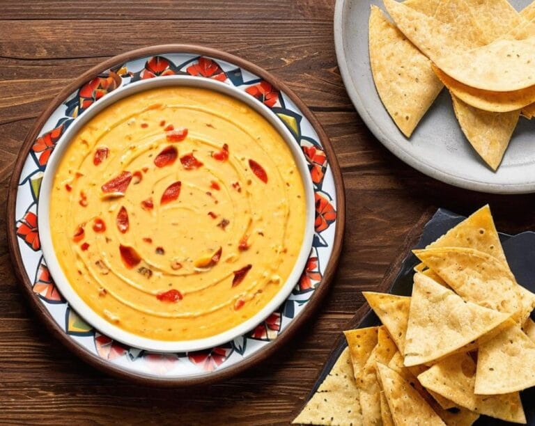 Close-up of rich, creamy smoked queso dip bubbling on the smoker, with melted cheddar and sausage mixed in.