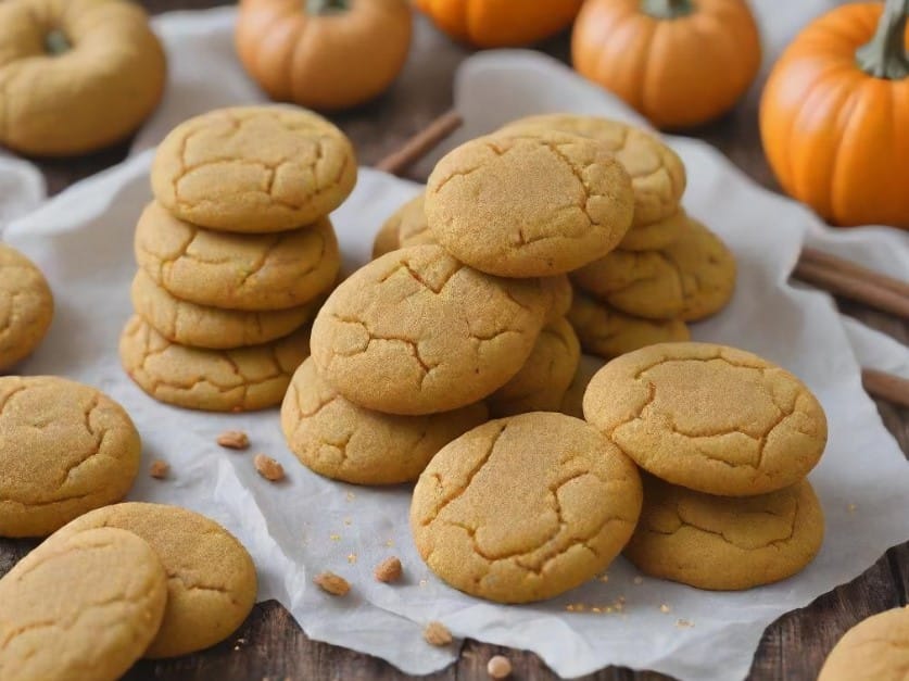 A batch of Pumpkin Snickerdoodles recipe , soft and chewy, freshly baked on a tray. The cookies are golden brown with a crackled cinnamon-sugar coating, showcasing the warm, fall-inspired flavors of pumpkin and spice. Perfectly round and inviting, these cookies capture the essence of autumn in every bite.