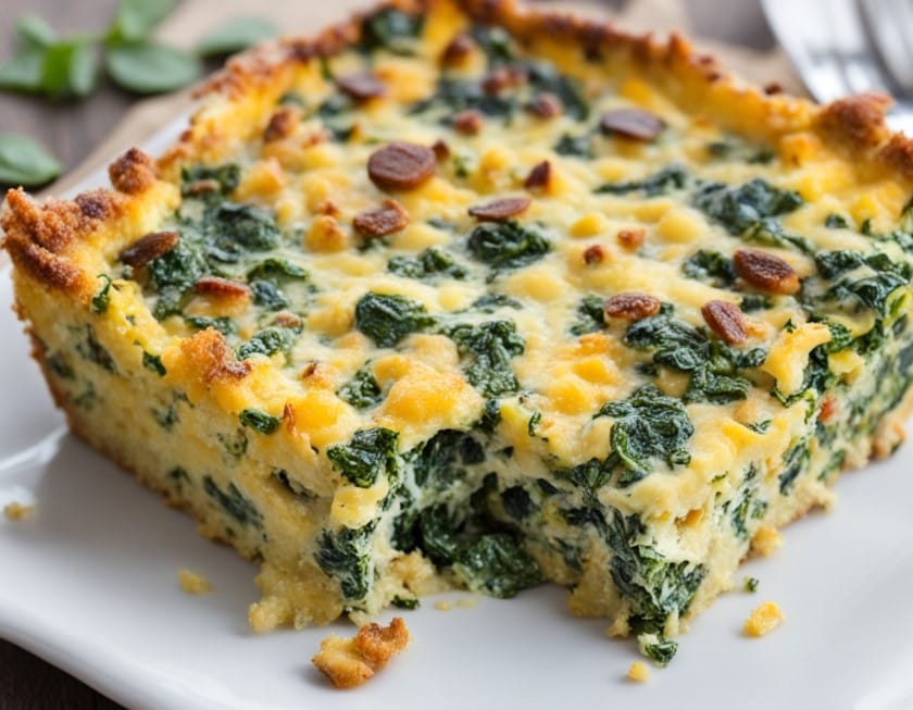 A hearty Spinach Florentine Breakfast Casserole fresh out of the oven, its golden-brown top speckled with melted cheese and herbs. The casserole dish is filled with layers of sautéed spinach, eggs, and cheese, creating a rich, fluffy texture. Vibrant green spinach peeks through the cheesy topping, adding a pop of color. The Spinach Florentine Breakfast Casserole is served on a wooden table, with a side of fresh tomatoes and toast, making it the perfect brunch centerpiece. This Spinach Florentine Breakfast Casserole is ideal for meal prepping or serving at family gatherings.