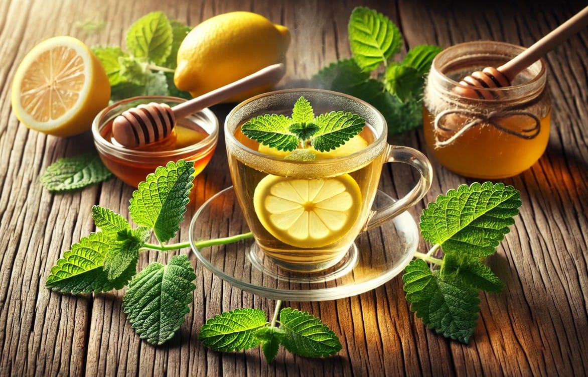 Close-up of a glass cup of lemon balm tea with lemon slices and honey, showcasing a natural weight loss recipe in a cozy, sunlit outdoor setting.
