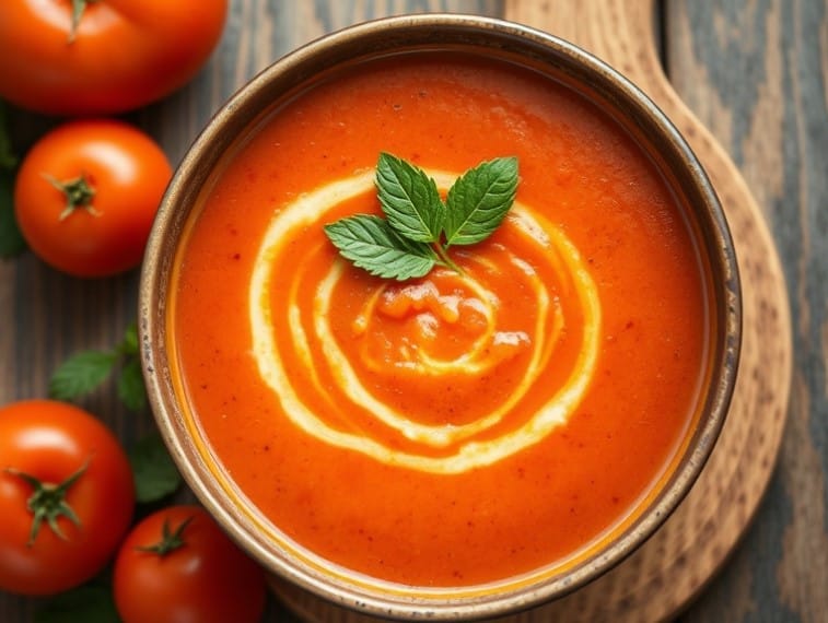 A warm bowl of homemade tomato soup garnished with fresh basil and croutons.
