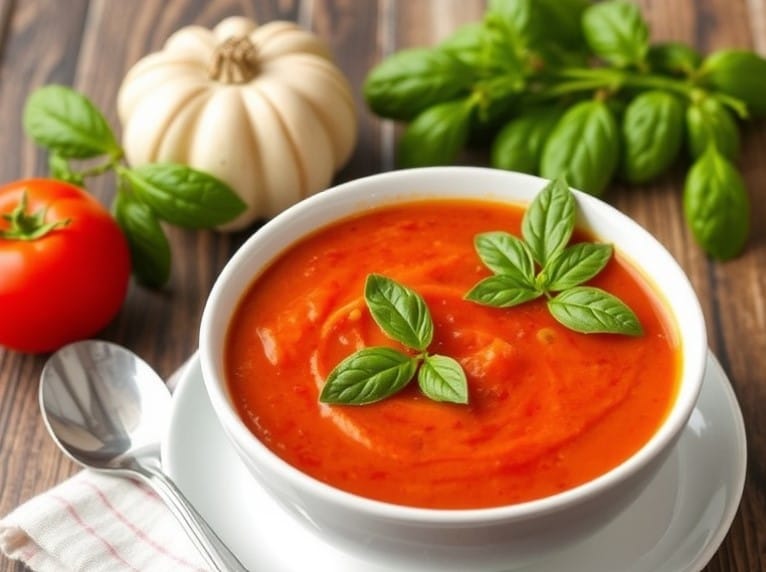 Smooth and creamy tomato soup served with a side of grilled cheese sandwiches.