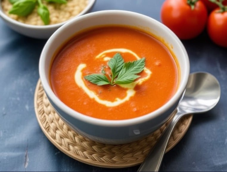Smooth and creamy tomato soup served with a side of grilled cheese sandwiches.