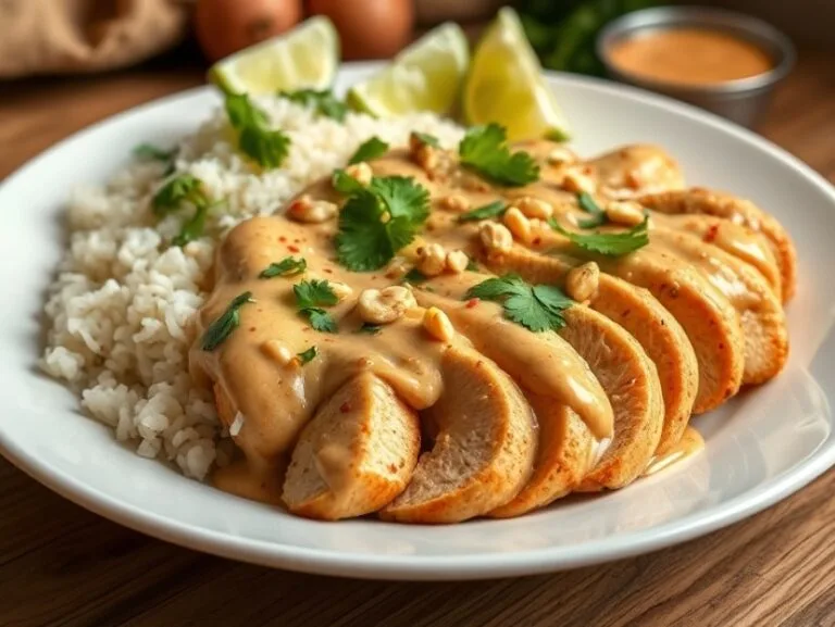 Chicken with peanut butter sauce recipe served with rice and fresh garnish.