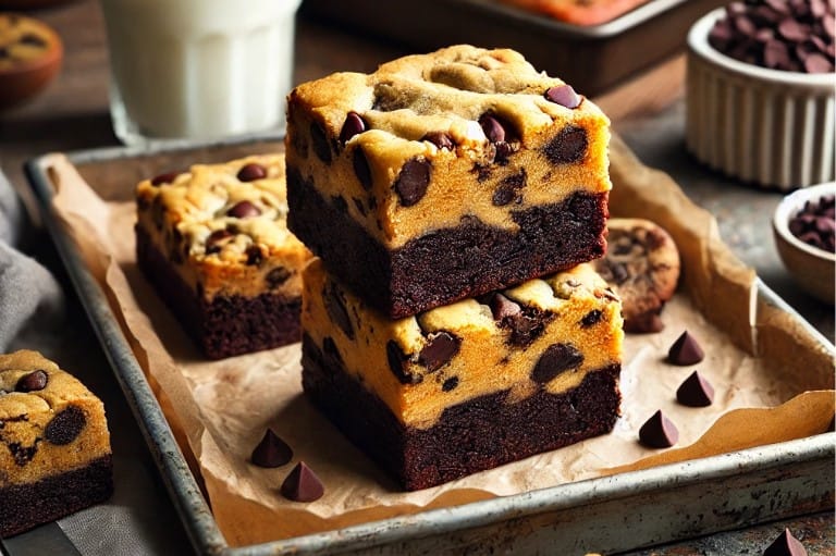 A stack of crookie squares showing the rich chocolate brownie layer and soft cookie dough topping on a white plate.