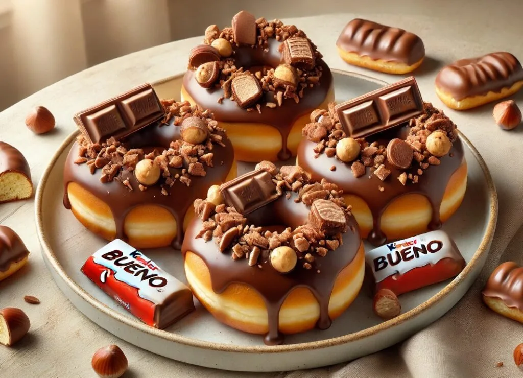 A stack of Kinder Bueno donuts, showing the gooey filling and chocolate topping. Kinder Bueno Donut Recipe