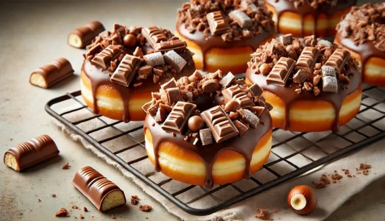 Freshly baked Kinder Bueno donuts on a cooling rack with chocolate glaze and hazelnut topping. Kinder Bueno Donut Recipe