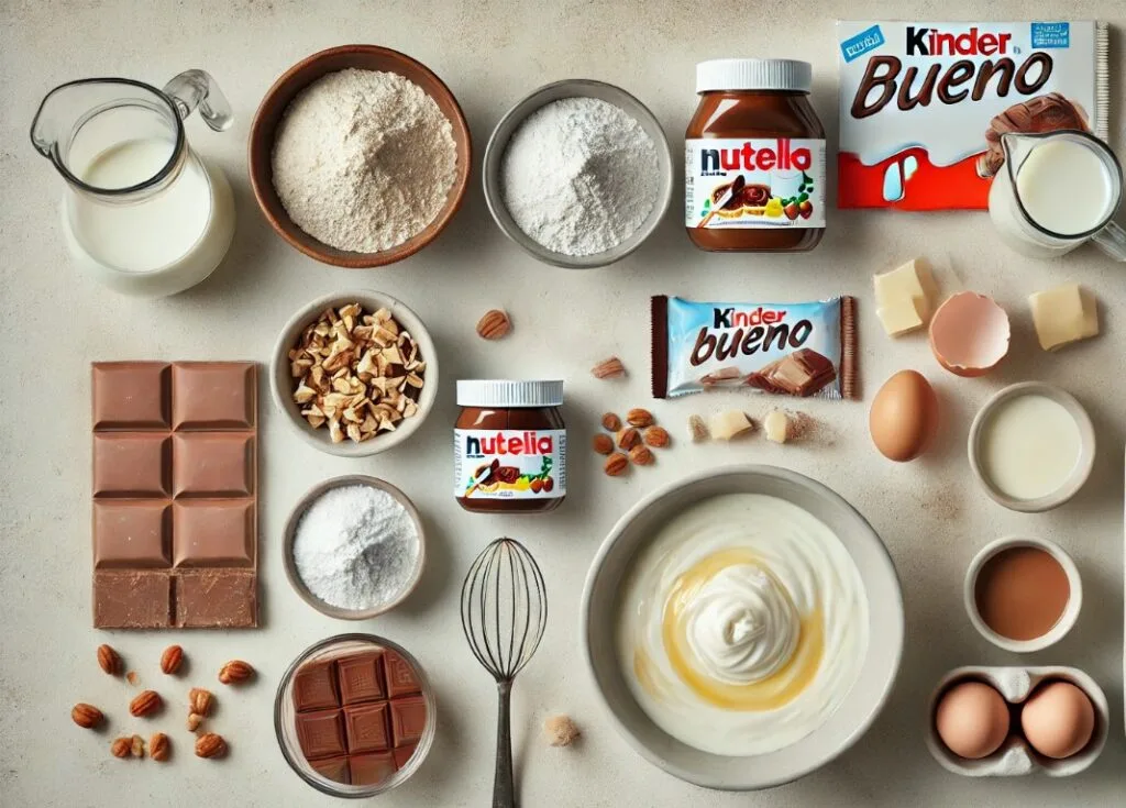 Neatly arranged ingredients for Kinder Bueno-inspired donuts on a light background, including a bowl of flour, sugar, salt, baking powder, milk, a whole egg, melted butter, vanilla extract, hazelnut spread (like Nutella), whipped cream, powdered sugar, melted milk chocolate, butter, heavy cream, a Kinder Bueno bar for garnish, and chopped hazelnuts