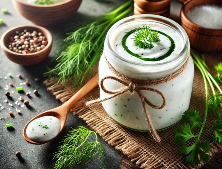 A bowl of homemade ranch dressing garnished with fresh parsley, served with carrot and celery sticks.