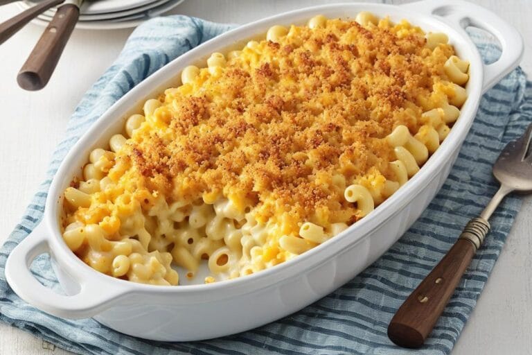 Easy homemade mac & cheese casserole in a baking dish