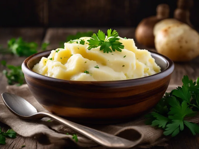 A bowl of creamy mashed potatoes topped with melted butter and garnished with parsley, served on a rustic wooden table.