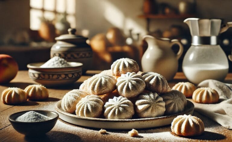 Freshly baked Mexican wedding cookies are arranged on a ceramic plate, generously dusted with powdered sugar. The cookies appear soft and crumbly, with a few crumbs and a light scattering of powdered sugar adding a touch of realism. The scene captures a warm, cozy kitchen atmosphere with natural lighting casting gentle shadows, highlighting the cookies' delicate texture for a homestyle, inviting feel.
