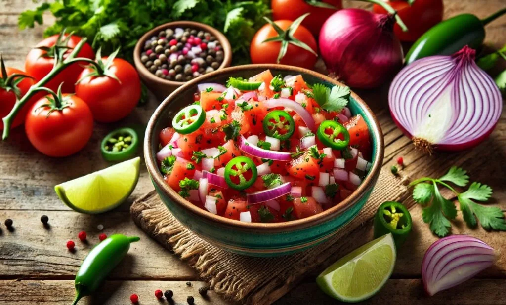 Close-up of Authentic Mexican Salsa Recipe with Chopped Tomatoes and Onions