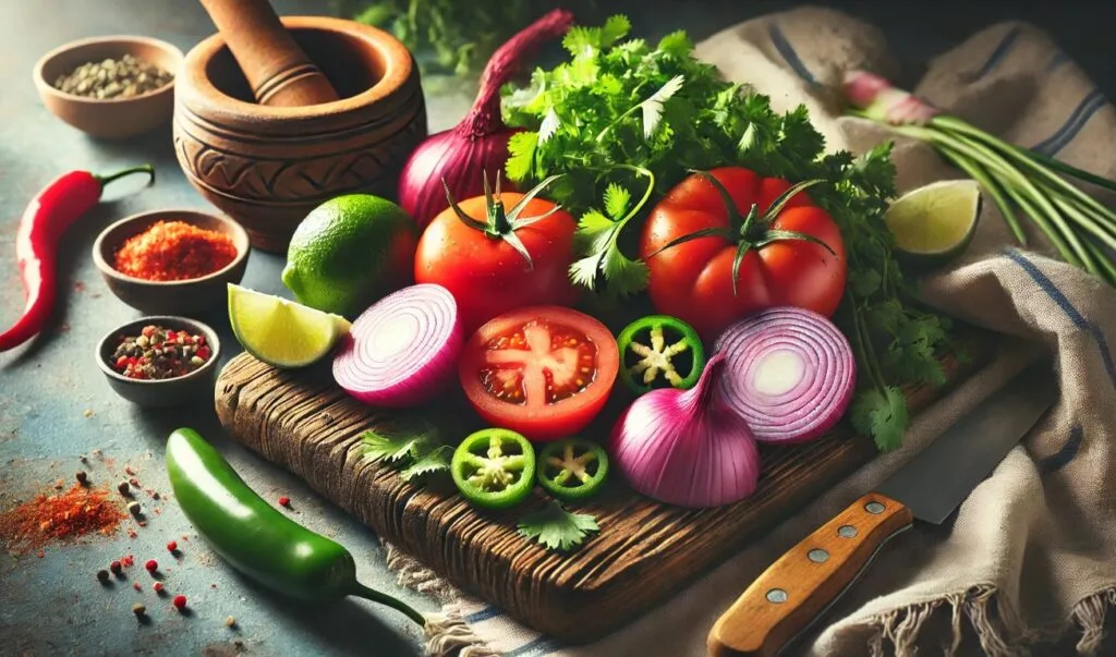 Flat lay of fresh ingredients for Mexican salsa on a rustic wooden cutting board, including ripe tomatoes, red onions, cilantro, and jalapeños, with a halved lime and traditional mortar and pestle in the background.