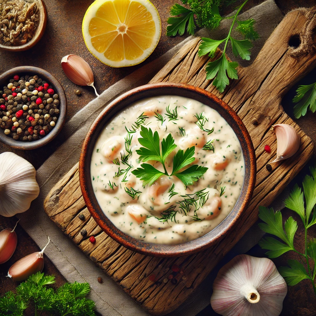 Creamy homemade seafood sauce recipe in a bowl with fresh herbs and lemon.