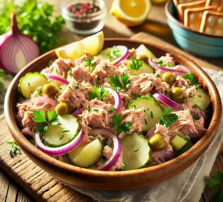 A bowl of vibrant tuna salad with chunks of tuna, red onions, celery, and creamy dressing, garnished with parsley and lemon wedges.