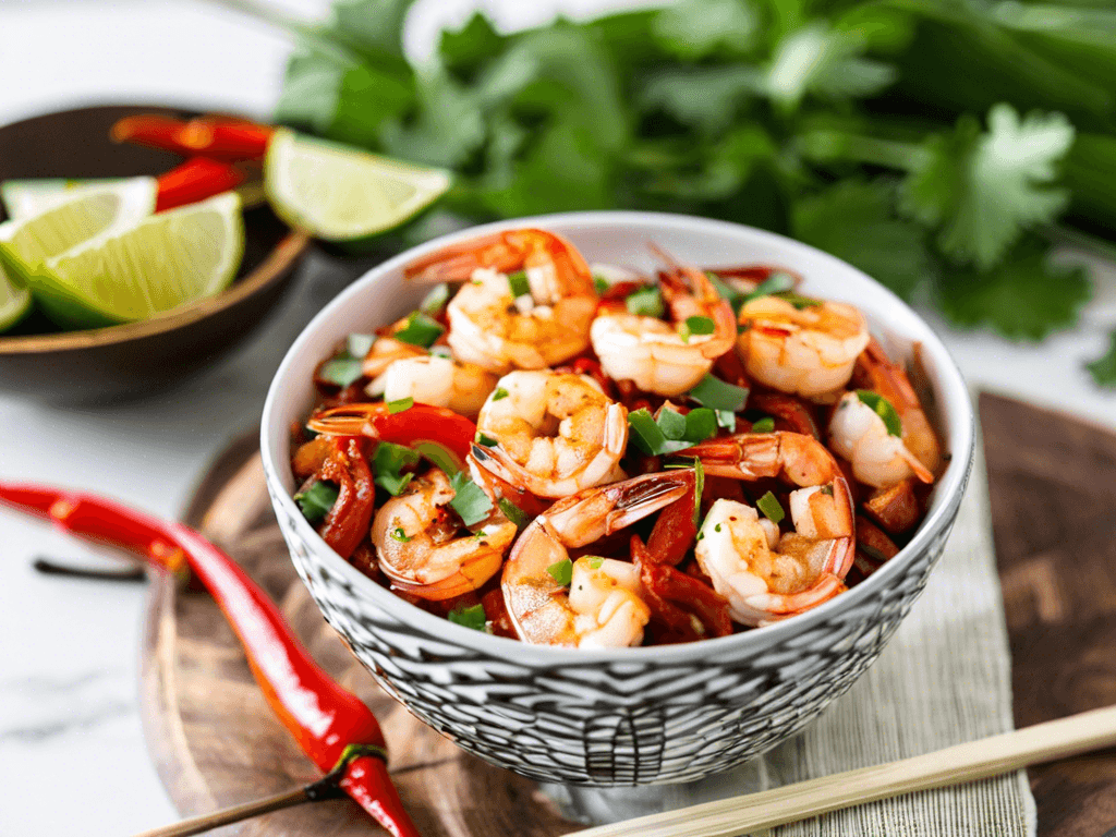 Close-up of Chili Lime Shrimp recipe served in a skillet, garnished with fresh cilantro and lime wedges.