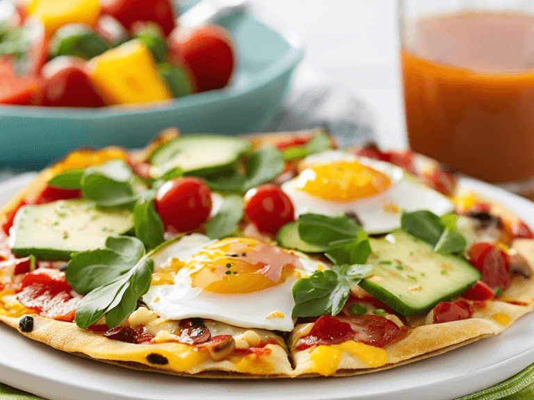 Easy Breakfast Tortilla Pizza recipe with melted cheese, crispy tortilla, and fresh veggie toppings served on a white plate.