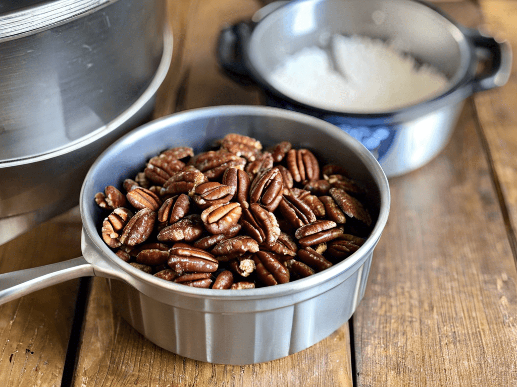 Delicious homemade sugar-coated pecans in a bowl ready to serve.