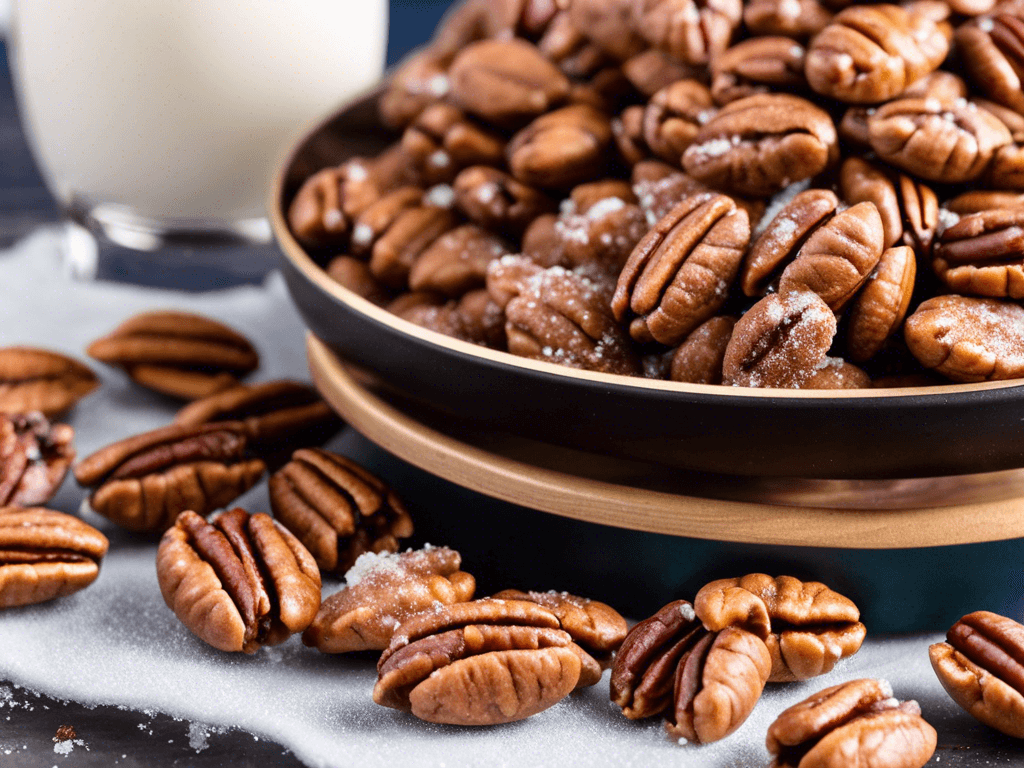 Close-up of golden-brown, sugar-coated pecans with a crispy texture.