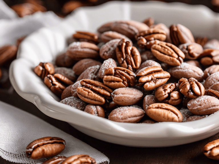 Sugar-coated pecans fresh out of the oven, glistening with sweetness.