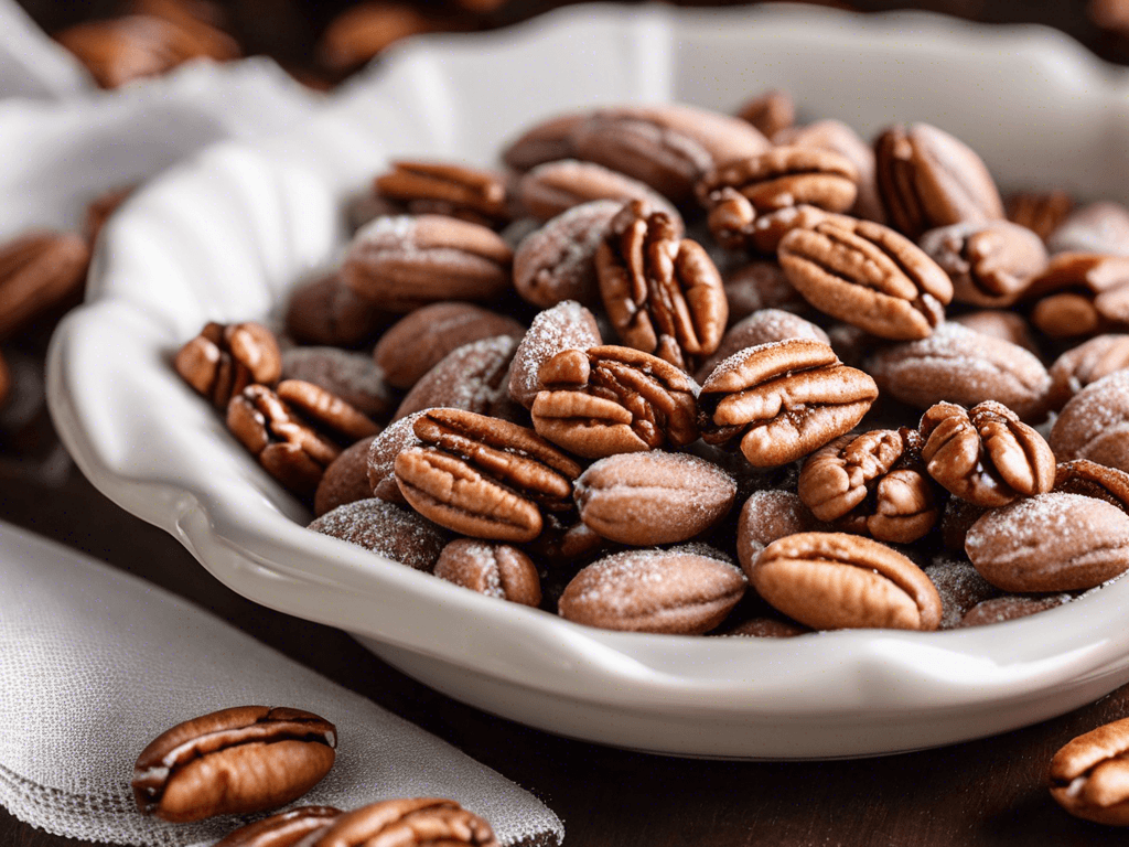 Sugar-coated pecans fresh out of the oven, glistening with sweetness.