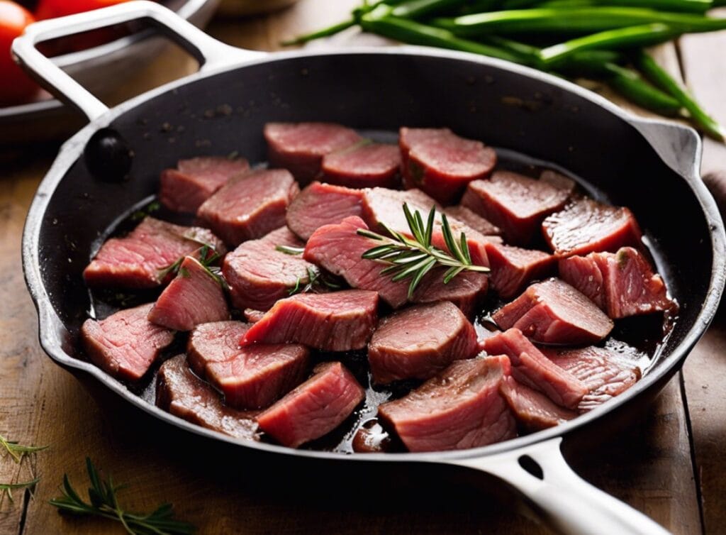 Sliced beef cooking in a hot pan, searing to perfection with a golden-brown crust, ready to be added to the creamy Beef Stroganoff sauce.
