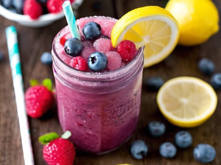 Berry Lemonade Slushie in a mason jar with a mint garnish and colorful berries.