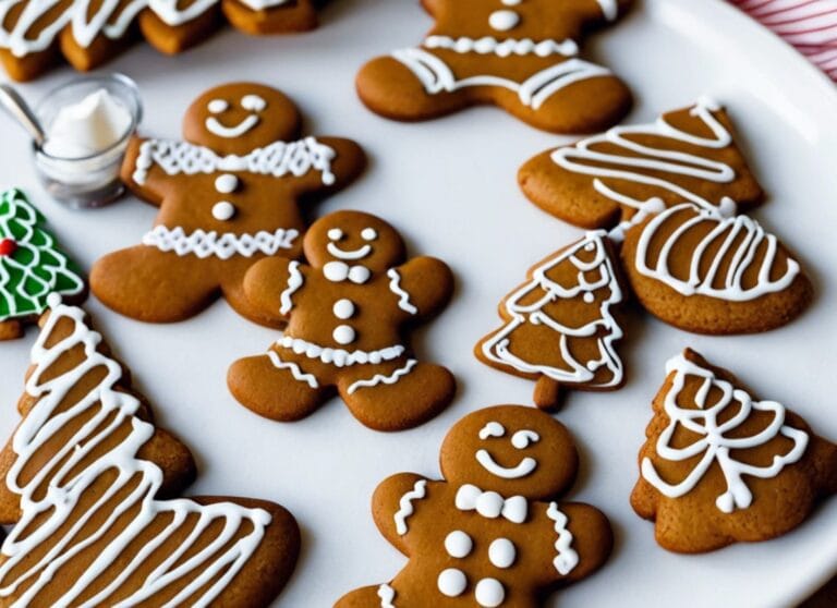 Freshly baked gingerbread cookies decorated with royal icing and festive sprinkles.