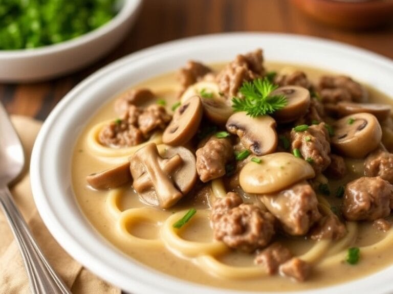 Ground Beef Stroganoff served with egg noodles and garnished with fresh parsley.