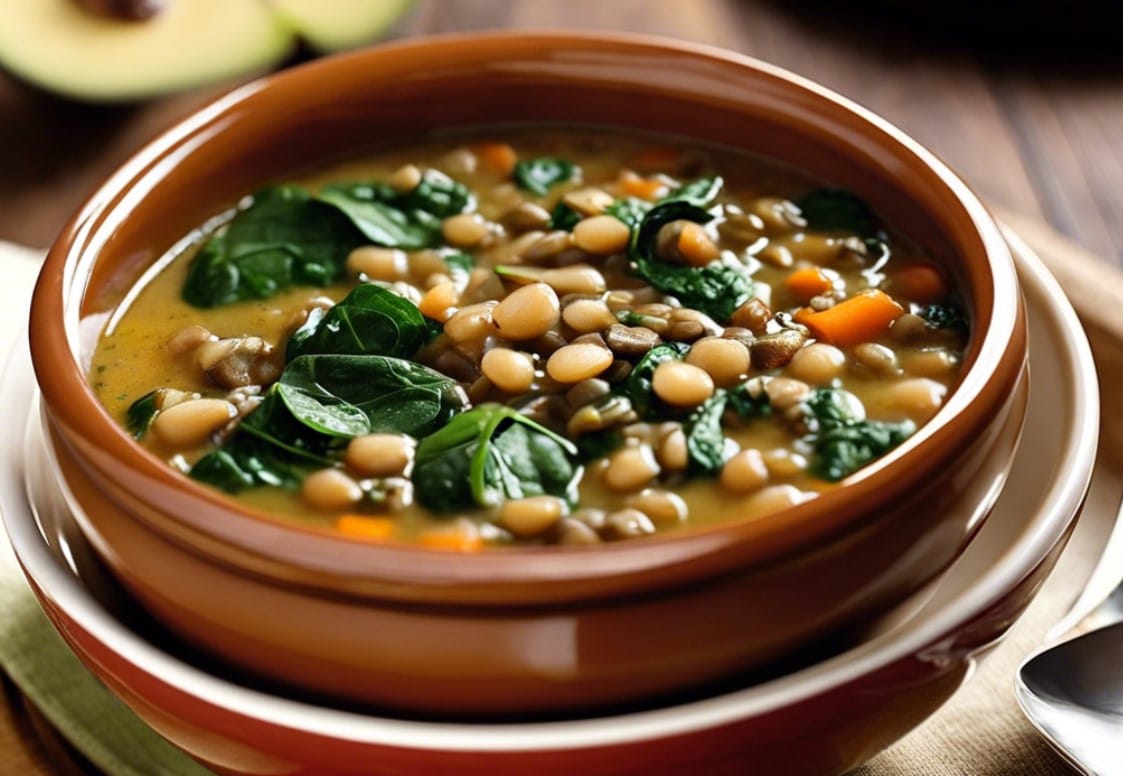 A bowl of hearty lentil soup with spinach, garnished with fresh parsley.