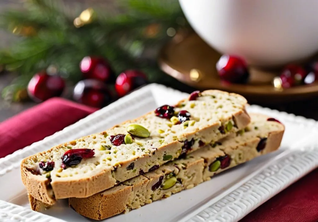 Cranberry pistachio biscotti stacked on a plate, ready to serve with coffee.