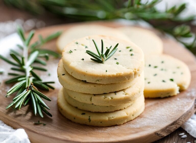 Golden rosemary shortbread cookies on a rustic wooden board with sprigs of fresh rosemary.