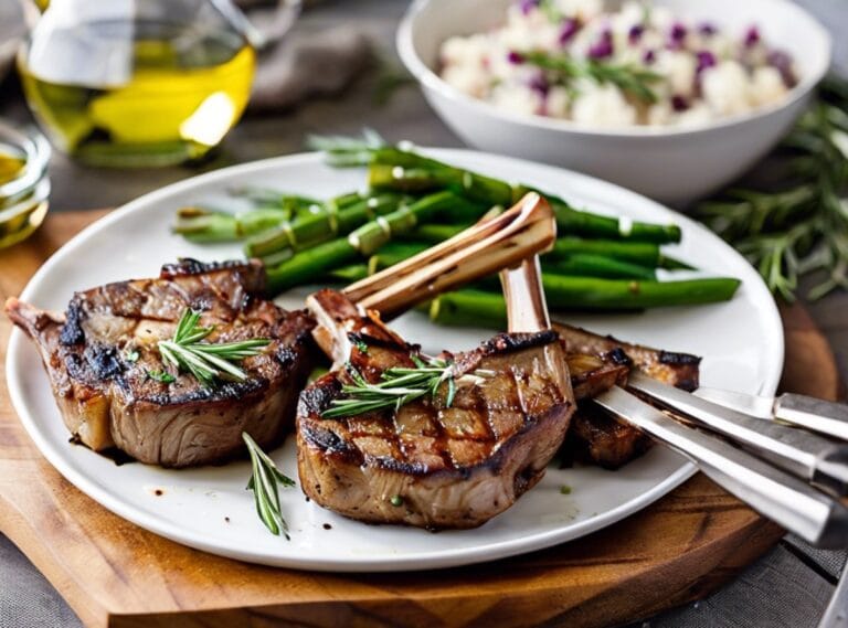 Grilled lamb chops on a platter garnished with fresh rosemary and lemon wedges