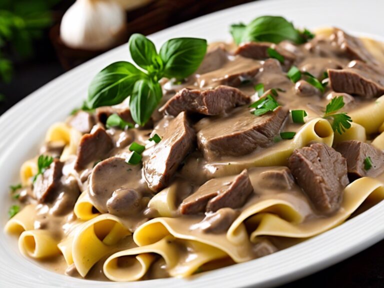 A bowl of creamy Beef Stroganoff served over egg noodles, garnished with fresh parsley and sliced mushrooms.