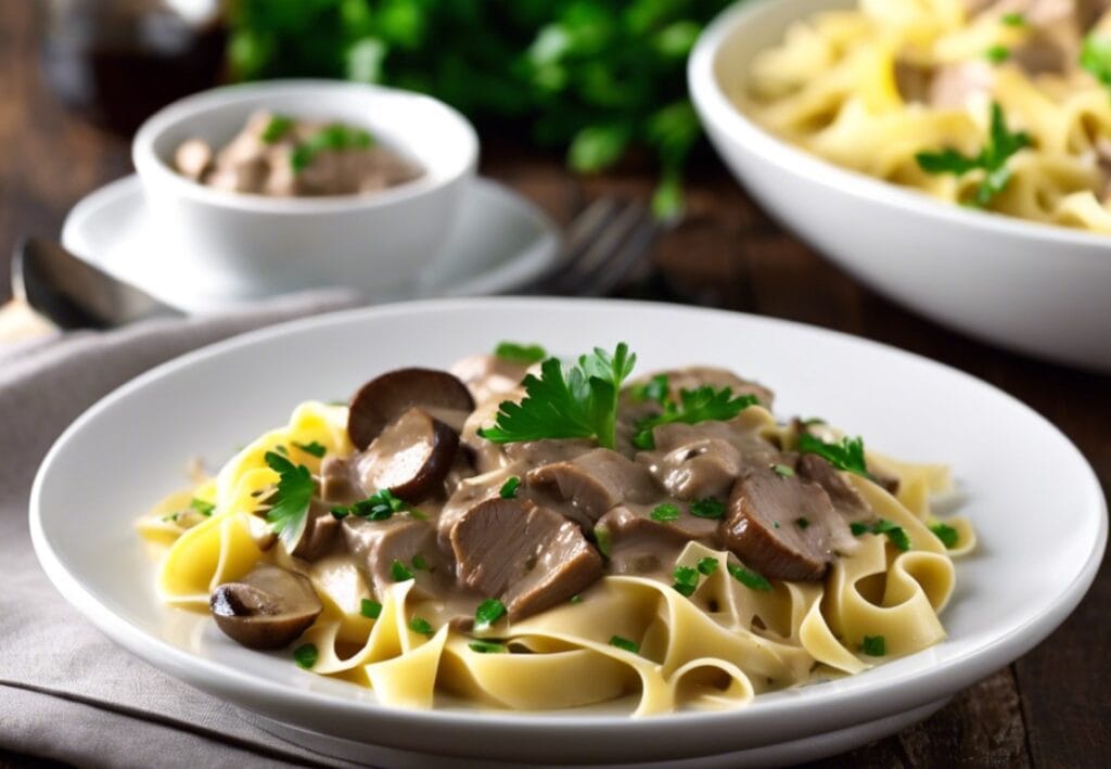 Close-up of tender beef strips in a creamy sauce, showcasing the rich texture and golden hue of the traditional Beef Stroganoff.