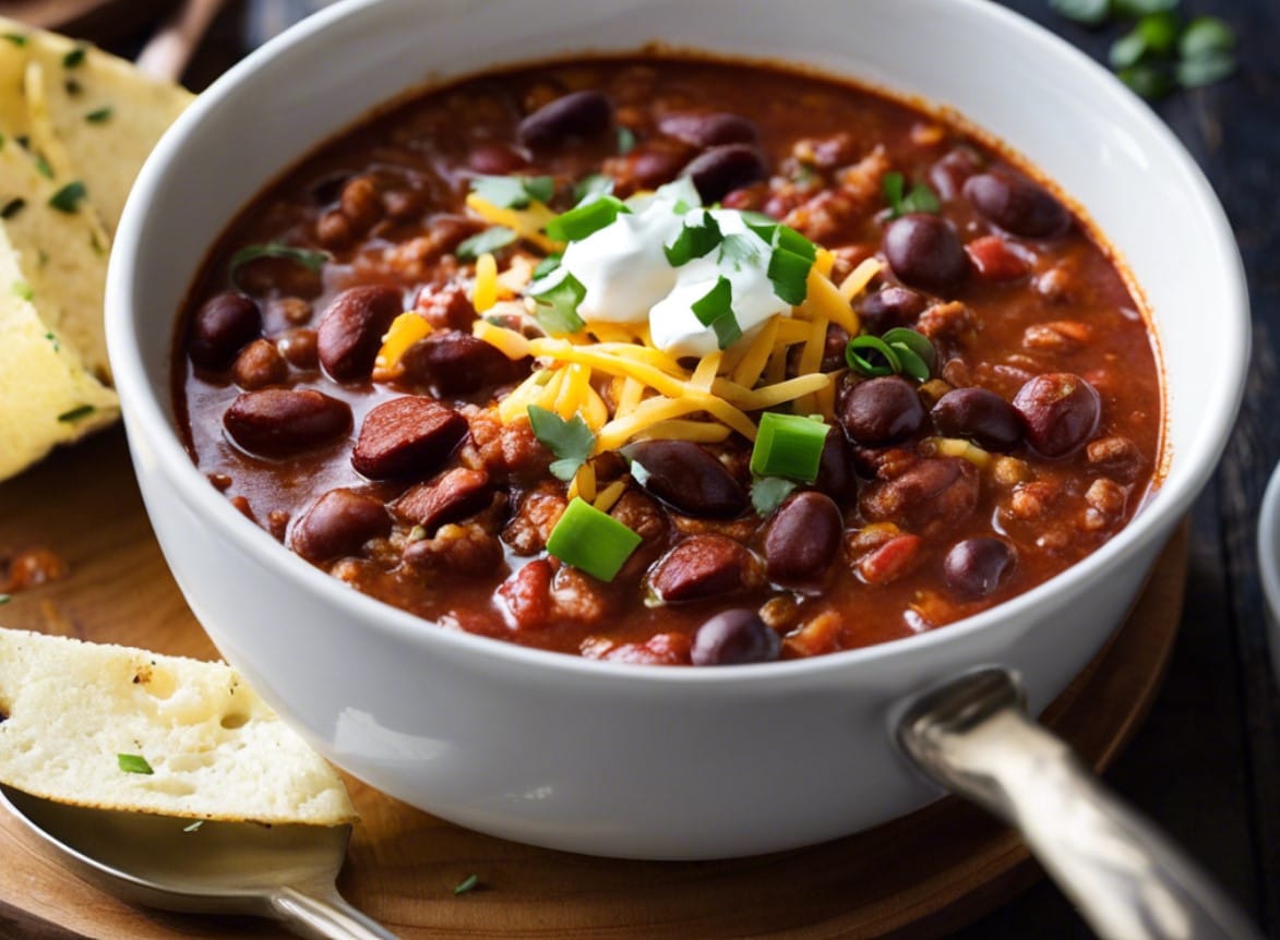 A steaming bowl of hearty chili with ground beef, beans, and a rich tomato-based sauce, perfect for a cozy winter meal.