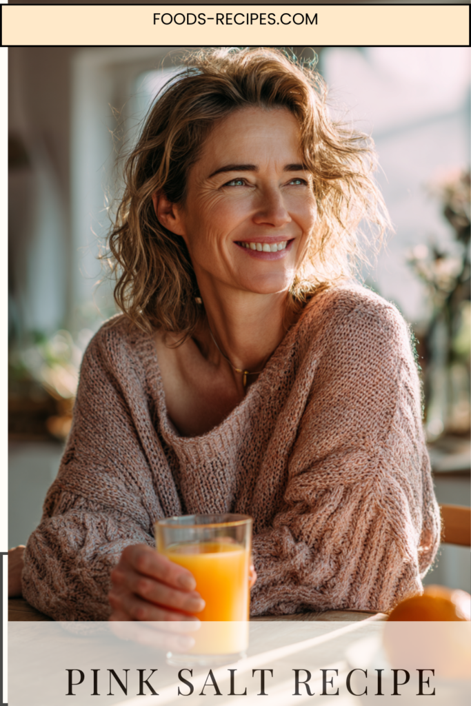 Woman enjoying a morning wellness drink made with pink salt and apple cider vinegar, sitting by a sunny window.