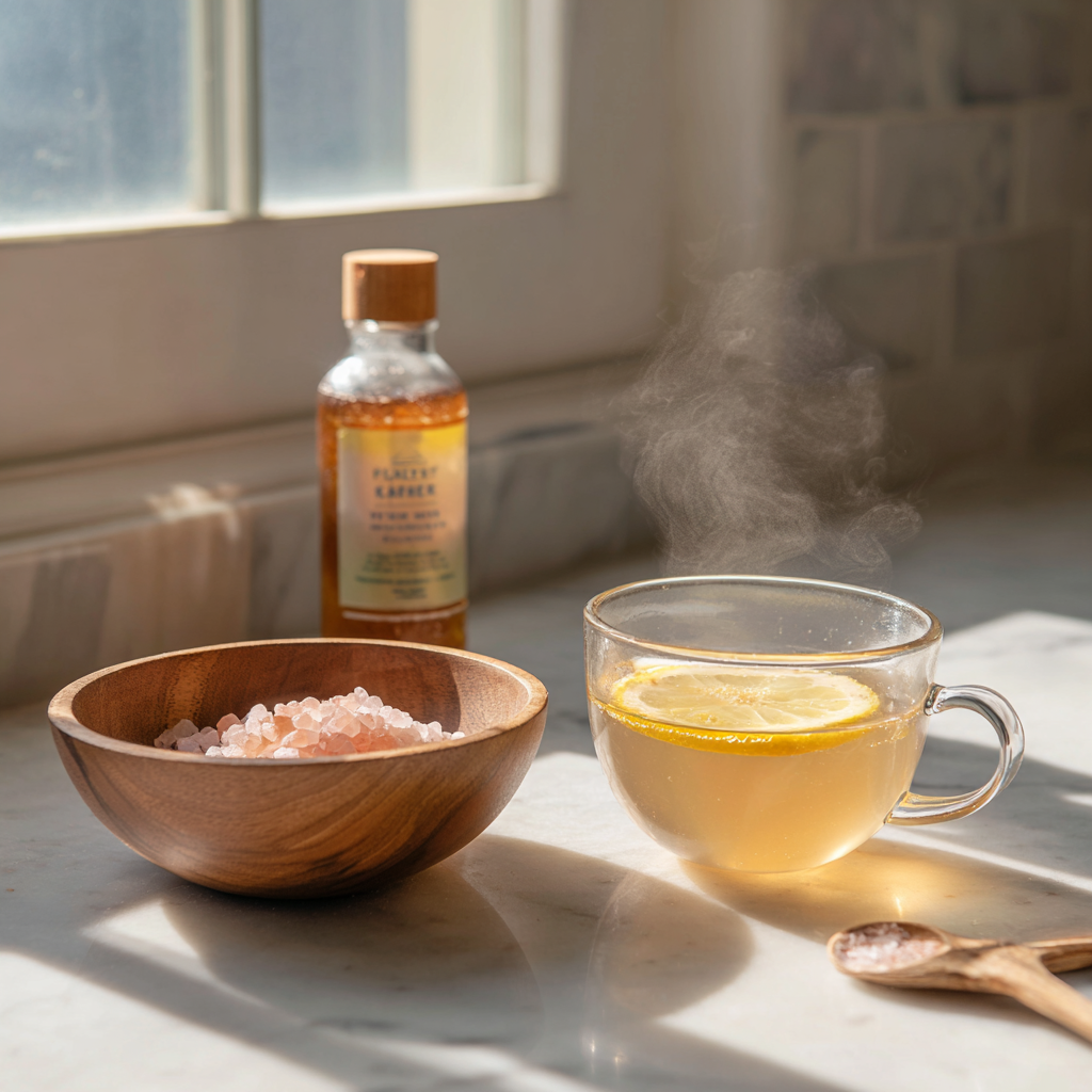 Warm morning detox drink with pink Himalayan salt, apple cider vinegar, and lemon in a cozy kitchen setting.