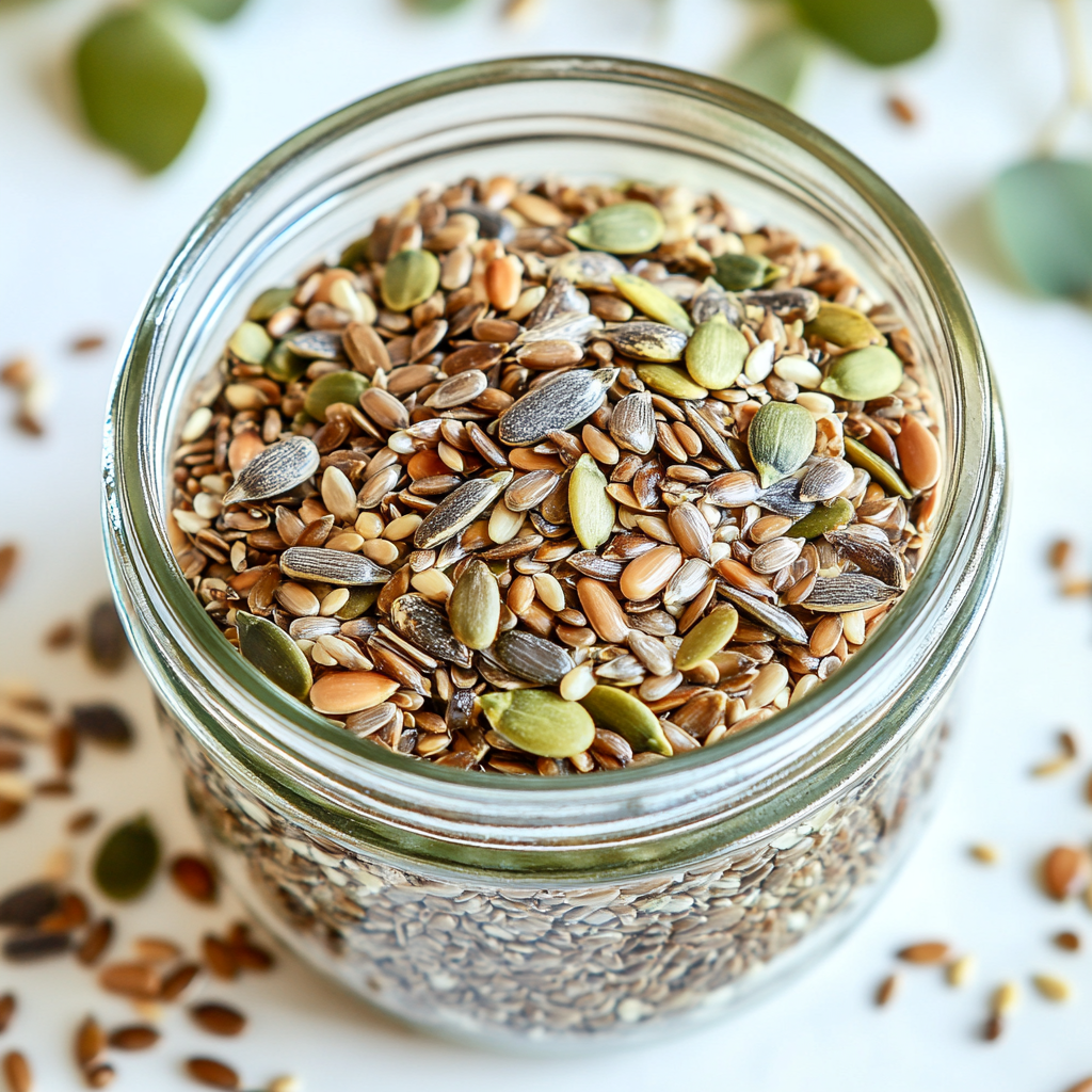 **Alt Text:** A glass jar filled with a colorful mixture of seeds, including pumpkin, sunflower, flax, and sesame seeds, with some seeds scattered on a white surface in the background.