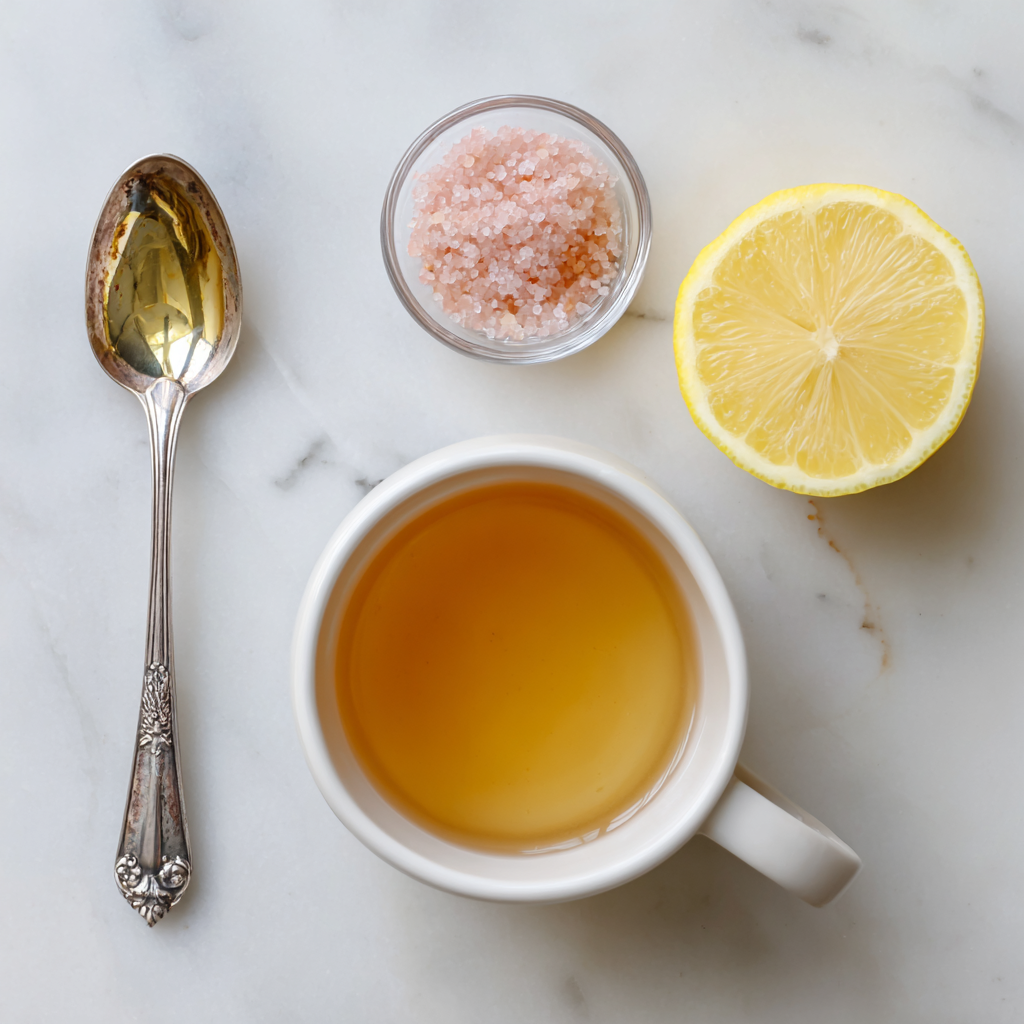 Flat lay of ingredients for pink salt and apple cider vinegar morning drink — water, vinegar, lemon, and Himalayan salt.
