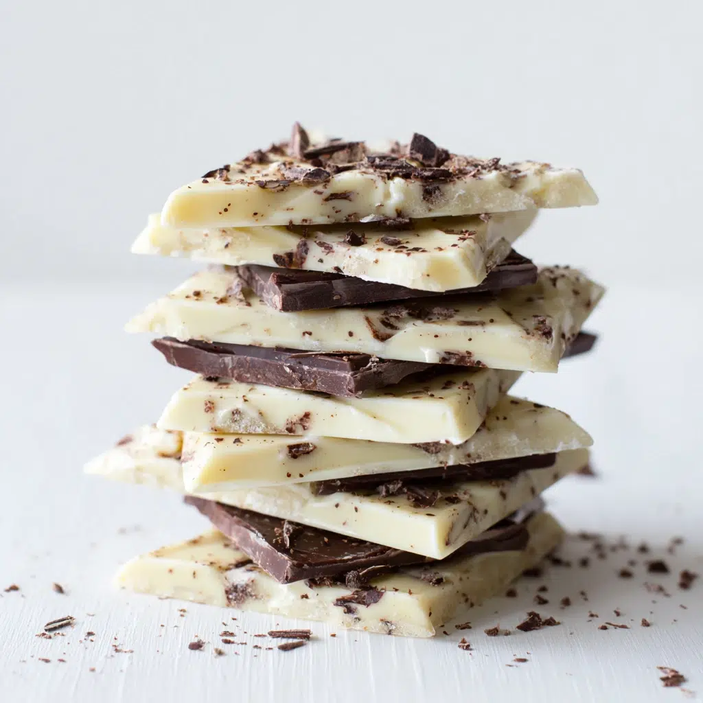 "White chocolate bark topped with dark chocolate shavings – easy frozen yogurt bark dessert recipe"