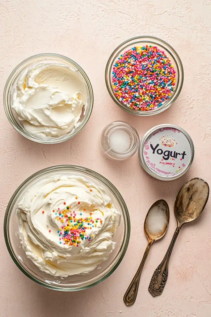 frozen yogurt bark for weight loss. 3 "Bowls of creamy Greek yogurt with colorful sprinkles, sugar, and vintage spoons – ingredients for frozen yogurt bark recipe"