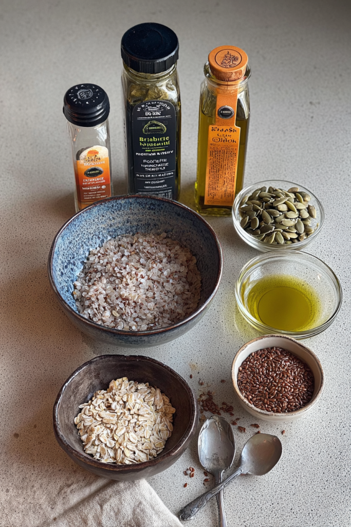 **Alt Text:**
A top-down view of bariatric-friendly ingredients on a kitchen counter, including bowls of pink Himalayan salt, pumpkin seeds, flax seeds, rolled oats, a small dish of olive oil, and bottles of seasoning blends, with two spoons placed nearby.