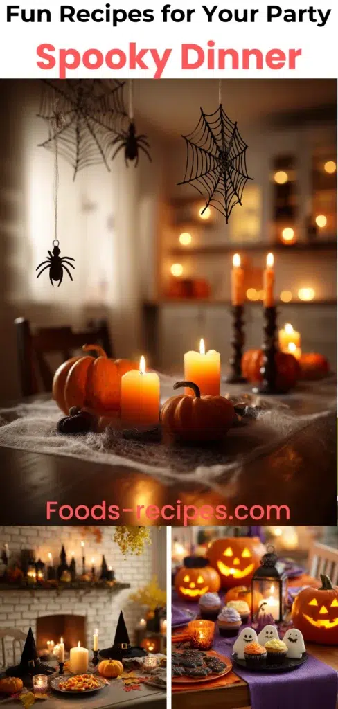 Spooky Dinner Ideas: Fun & Easy Recipes for a Halloween Party 1 Halloween dinner table with pumpkins, candles, and spider web decorations – fun and spooky recipes perfect for a Halloween party.