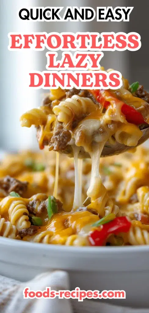 Quick & Easy Effortless Lazy Dinners: A Complete Guide 1 Close-up of cheesy pasta with ground beef, peppers, and zucchini – an effortless lazy dinner recipe that’s quick, easy, and healthy.