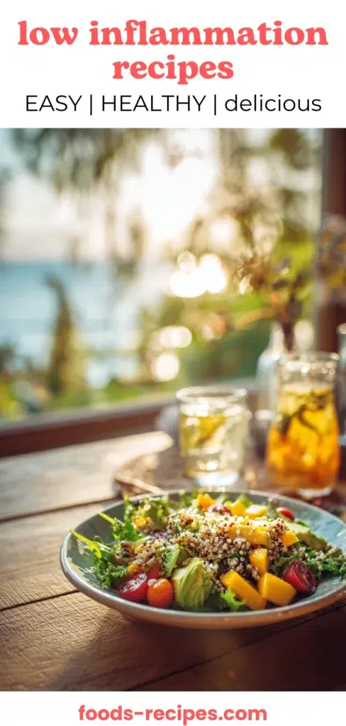 Why Choose Anti-Inflammation Snacks? 1 A sunlit outdoor table set with glasses of iced herbal tea, lemon slices, and green vegetables styled for a healthy anti-inflammatory lifestyle.