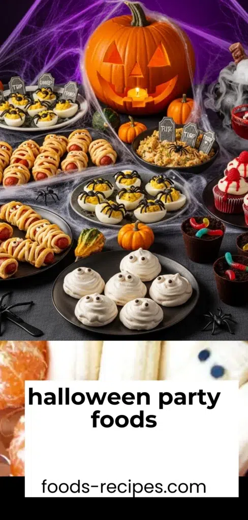 Halloween party foods on decorated spooky table