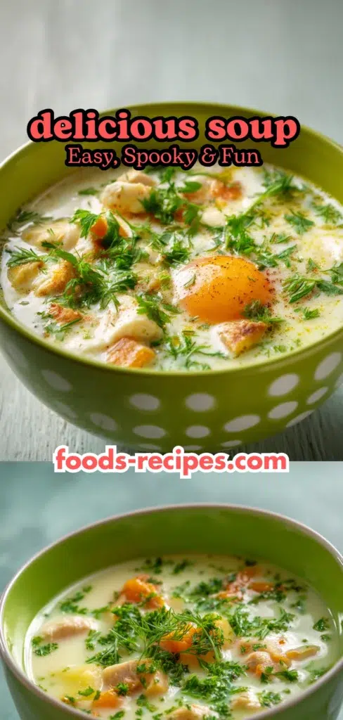 Delicious Soup Recipes: Easy, Fun, and Perfect for Every Season 1 Delicious soup recipe with chicken, herbs, and vegetables in a green bowl