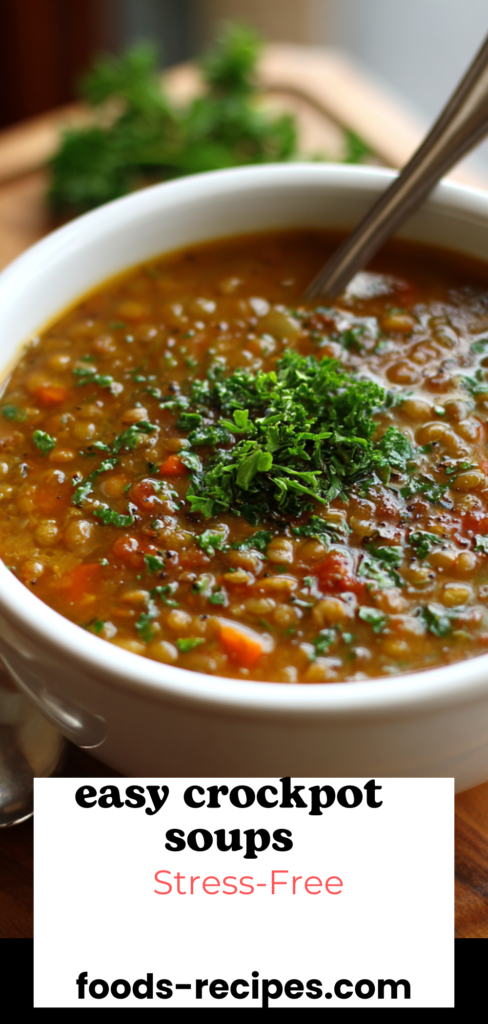 Easy Crockpot Soup served hot in a white bowl with fresh herbs on top